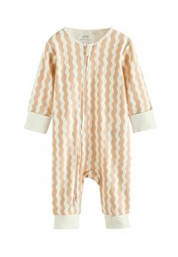 Ljust rosa och krämfärgad babydress med dragkedja som har ett vågigt mönster, långa ärmar och ribbade muddar, tillverkad av mjukt tyg.