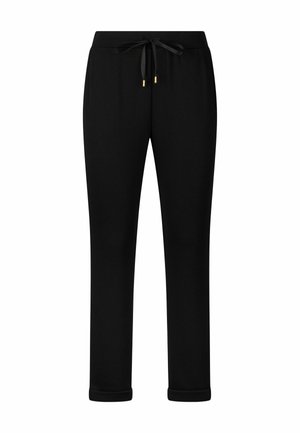 Pantaloni sportivi neri con un design affusolato, vita con coulisse e orli arrotolati. Realizzati in un tessuto liscio con dettagli in metallo color oro.