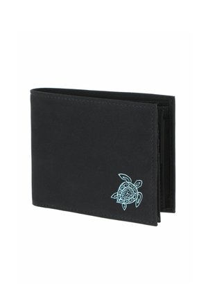 Portefeuille bi-fold noir avec un motif décoratif de tortue bleu clair dans le coin inférieur droit, montré fermé sur fond blanc.