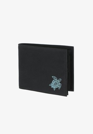Black bi-fold wallet with light blue decorative turtle design on the lower right corner, shown closed against a white background.