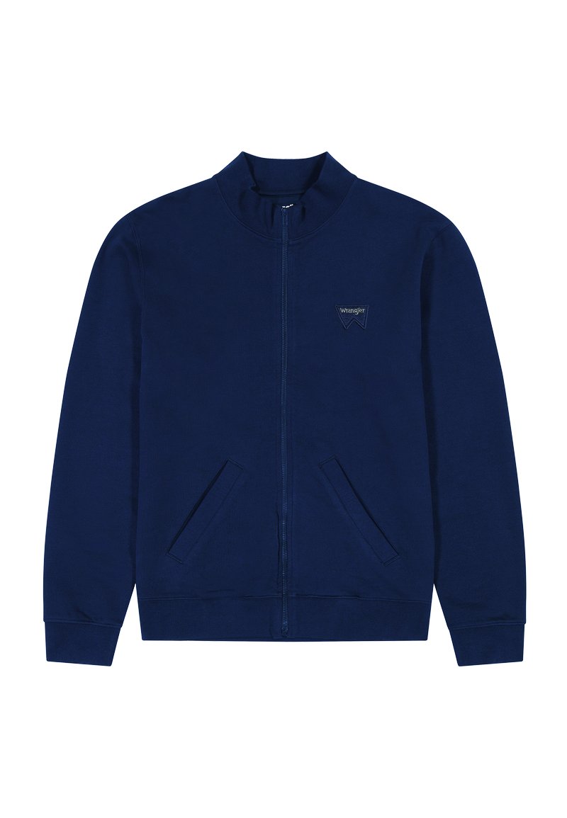Felpa con zip blu navy e colletto alto, due tasche frontali e un piccolo patch con logo sul lato sinistro del petto. Realizzata in tessuto morbido.