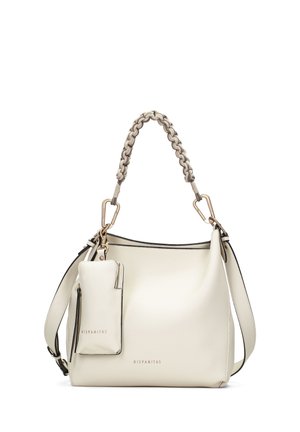 Bolso de mano de cuero blanco con una correa trenzada, que presenta herrajes dorados y un bolsillo con cremallera extraíble. Textura suave con un sutil acento negro.
