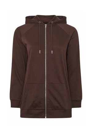 Sudadera con capucha marrón con cremallera, bolsillos delanteros, mangas largas, puños y bajo acanalados, y capucha con cordón.