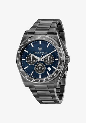 Orologio da polso Maserati in acciaio inox con quadrante blu, tre sottoquadranti, lunetta tachimetrica, finestrella della data e bracciale a maglie metalliche.