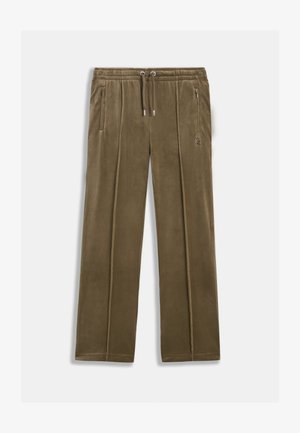 Maslinasto zelene hlače širokih nogavica od mekog baršuna. Imaju elastični pojas s vezicom, dva bočna džepa i diskretan logo.