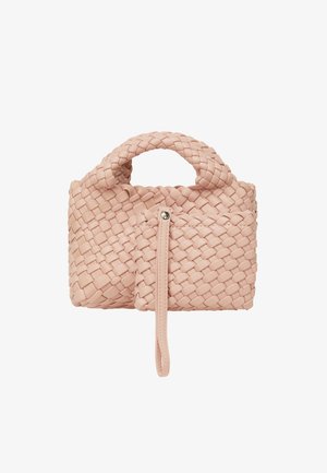 Vævet lyserosa håndtaske med et rundt håndtag, lynlåslukning og en lille frontlomme. Fremstillet af blødt læder. Kompakt design.