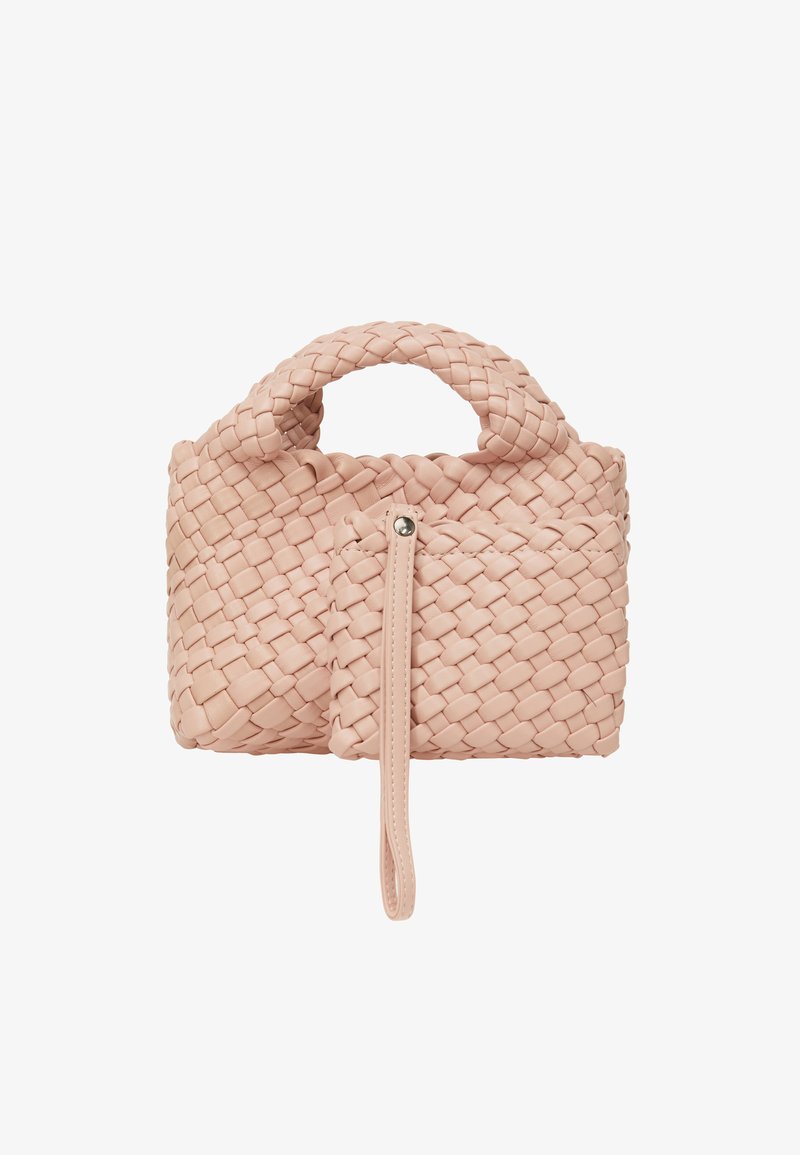 Vævet lyserosa håndtaske med et rundt håndtag, lynlåslukning og en lille frontlomme. Fremstillet af blødt læder. Kompakt design.