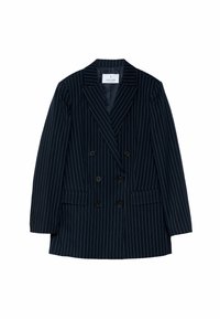 Laivastonsininen pinstripe-kaksoisrintainen bleiseri, jossa on nuolikäänteiset kaulukset, mustat napit, kaksi etutaskua ja sileä vuori sisäpuolella.