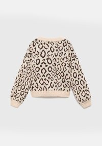 Pleteni pulover z vzorcem leoparda v bež in temno rjavi barvi, z okroglo ovratnico in širokimi rokavi. Mehka, teksturirana tkanina.