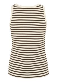 Braun- und cremegestreiftes Tanktop mit gerippter Textur, runden Ausschnitt und ärmellosem Design. Keine sichtbaren Hardware-Elemente oder Akzente.