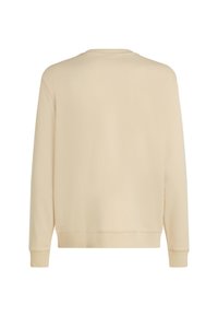 Felpa beige, tessuto misto cotone, colletto a girocollo, maniche lunghe, polsini e orlo a costine con una texture liscia e una vestibilità rilassata.