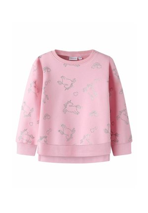 Sweat-shirt rose à manches longues avec motifs licorne et cœur pailletés argentés, poignets en côte et design à ourlet superposé.