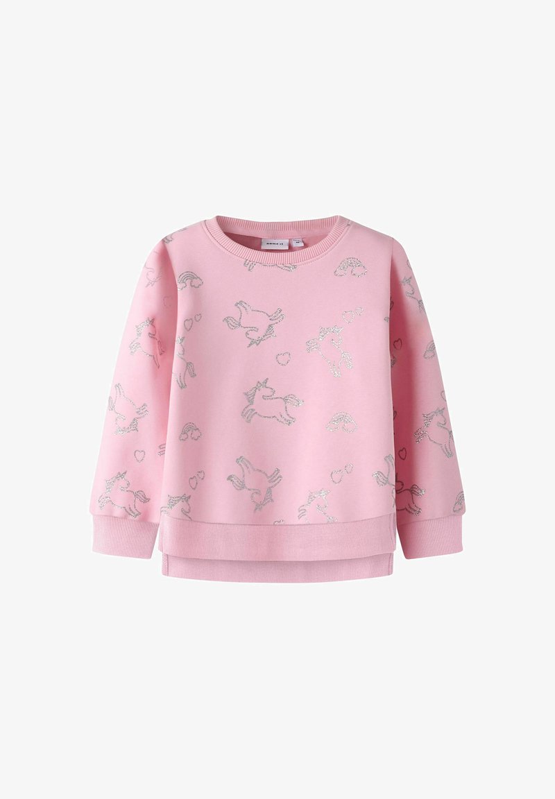 Sweat-shirt rose à manches longues avec motifs licorne et cœur pailletés argentés, poignets en côte et design à ourlet superposé.