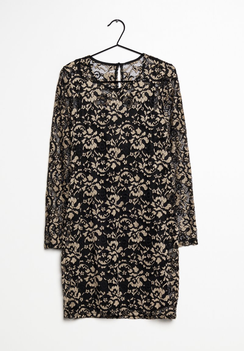 Svart spetsklänning med långa ärmar, blommönstrad i guld och ett nyckelhålsdetalj på ryggen. Materialet är genomskinligt och luktar delikat med en texturerad yta.