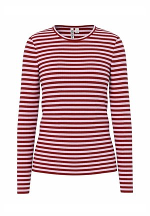 Camicia a maniche lunghe con collo rotondo, caratterizzata da righe orizzontali rosse e bianche. Realizzata in tessuto a trama costellata.