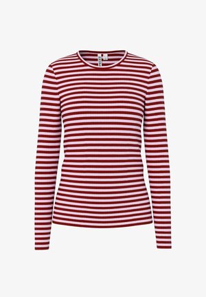 Camisa de manga larga con cuello redondo, con rayas horizontales rojas y blancas. Fabricada con un tejido de textura acanalada.
