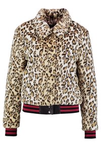 Umělá kožešinová bunda s potiskem leopardí, patentky, límeček a černý pas a manžety s červenými pruhy.