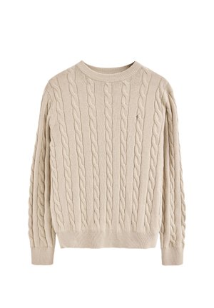 Beige kabelgebreide trui met een ronde halslijn, lange mouwen, geribbelde manchetten en zoom, met een textuurpatroon over het gehele oppervlak.