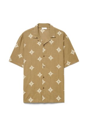 Brown short-sleeve button-up shirt with white diamond-shaped patterns and a camp collar.