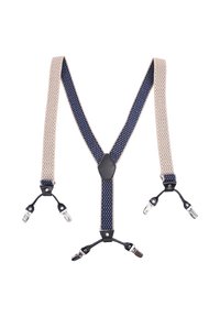 Bretelle a righe beige e blu navy con una texture perforata, dettagli in pelle e clip in metallo per attacco.