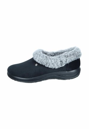Black slip-on shoes with a grey faux fur collar, made from soft material. Features a textured sole for grip and a smooth upper surface.