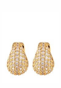 Guldtonede vedhængsøren med en tekstureret overflade, prydet med små klare krystaller arrangeret i dråbeform.