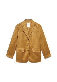 Brauner Wildlederblazer mit einreihigem Design, Reverskragen, zwei vorgesteppten Taschen vorne und einem Etikett im Kragenbereich. Verfügt über eine glatte Textur.