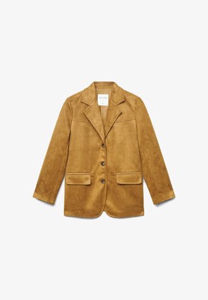 Brauner Wildlederblazer mit einreihigem Design, Reverskragen, zwei vorgesteppten Taschen vorne und einem Etikett im Kragenbereich. Verfügt über eine glatte Textur.