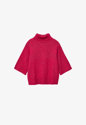 Fuchsia gebreide trui met een hoge kraag, korte mouwen en een losse pasvorm. De textuur is zacht met een lichte glans. Geen patronen of accenten.