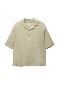 Chemise beige clair à manches courtes avec un col camp, présentée à plat sur un fond blanc.