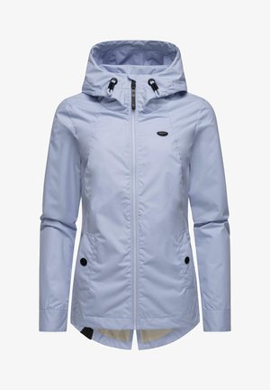 Light blue waterproof jacket with a hood, front zipper, two side pockets, and adjustable drawstrings, featuring a smooth texture and minimal branding.