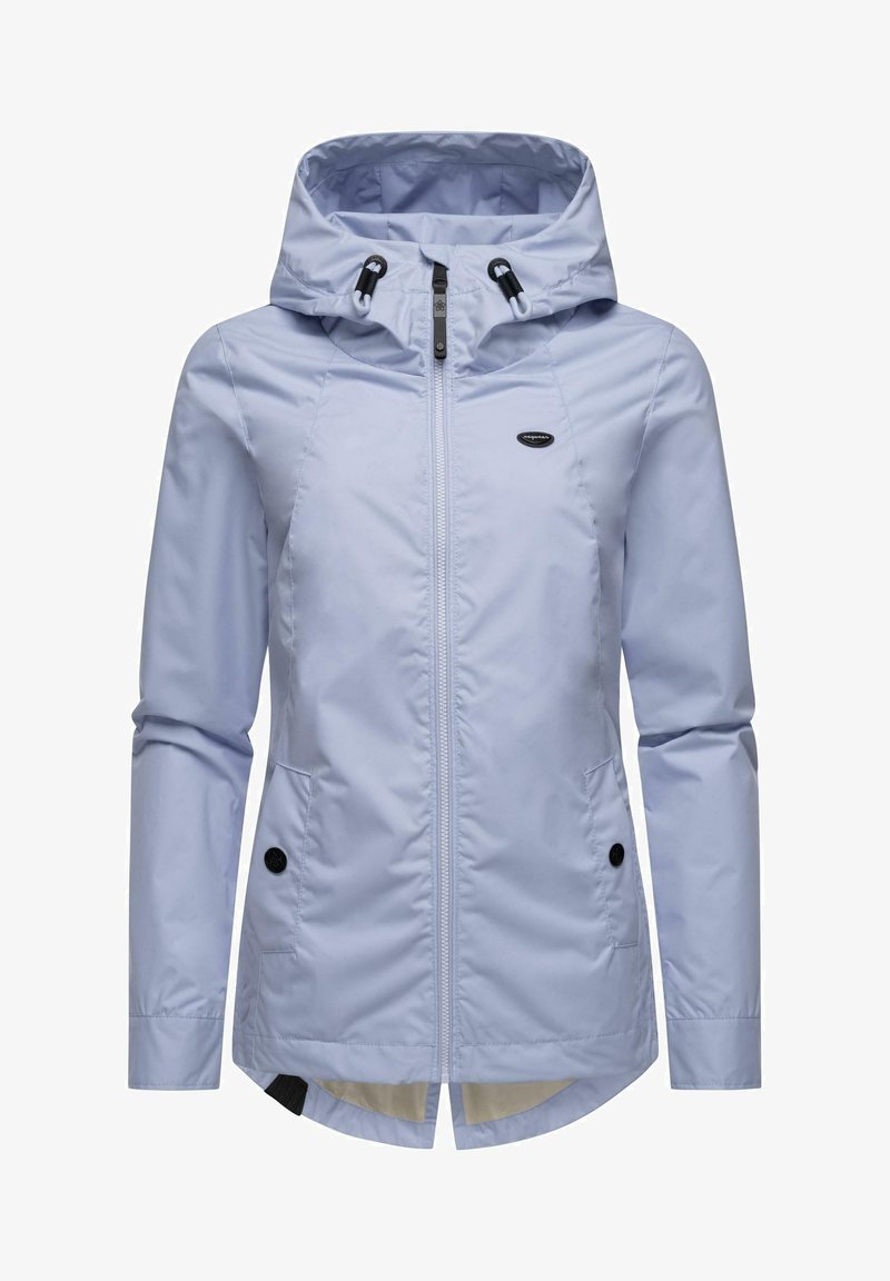 Light blue waterproof jacket with a hood, front zipper, two side pockets, and adjustable drawstrings, featuring a smooth texture and minimal branding.