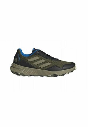 Niski zielono-czarny but do biegania Adidas z niebieską wyściółką, teksturowaną podeszwą i logo z trzema paskami po boku.