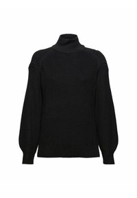 Czarny sweter z golfem wykonany z prążkowanego dzianinowego materiału, z długimi rękawami, dopasowanym kołnierzem i fakturowanym wzorem na ramionach.