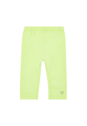 Hellgrüne, schlanke Hose aus weichem Material mit elastischem Bund und einem kleinen, gestickten Bärenlogo am unteren Bein.