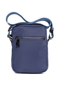 Merensininen kangaslaukku, jossa on vetoketjullinen etutasku ja teksturoidusta materiaalista valmistettu olkahihna. Kompakti suorakulmainen muoto ja minimalistinen muotoilu.