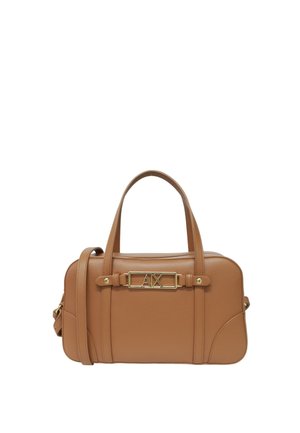 Borsa in pelle marrone con doppi manici, tracolla regolabile e targhetta con logo "A|X" in tono dorato sul davanti.