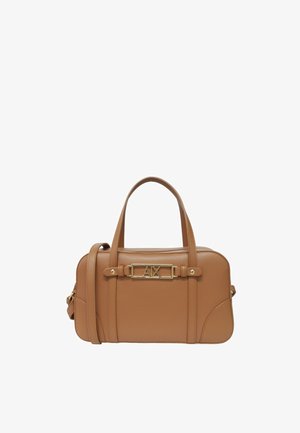 Borsa in pelle marrone con doppi manici, tracolla regolabile e targhetta con logo "A|X" in tono dorato sul davanti.