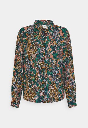 Chemise à manches longues avec motif floral multicolore, col chemise, boutonnière à l'avant et poche poitrine sur fond foncé.