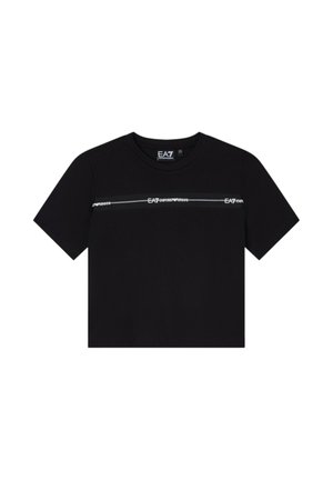 T-shirt nera a maniche corte EA7 Emporio Armani con una striscia orizzontale e scritta logo sul petto, con scollo rotondo.