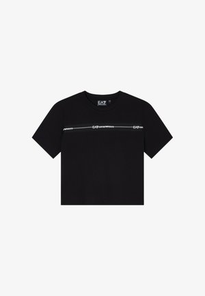 T-shirt nera a maniche corte EA7 Emporio Armani con una striscia orizzontale e scritta logo sul petto, con scollo rotondo.
