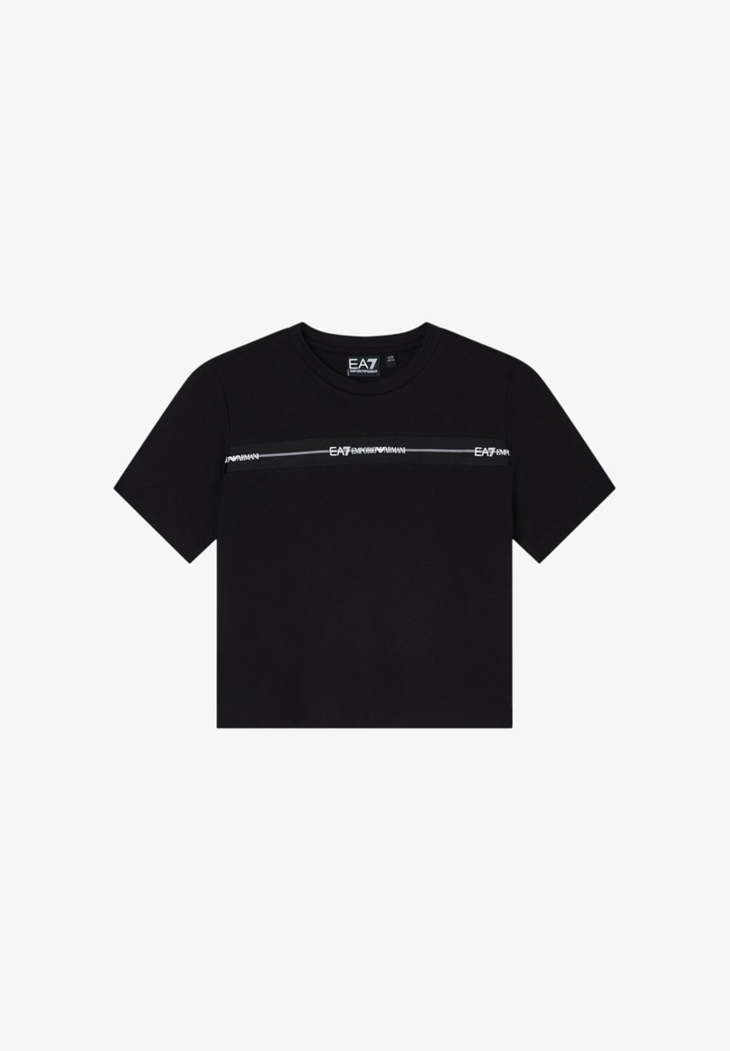 T-shirt nera a maniche corte EA7 Emporio Armani con una striscia orizzontale e scritta logo sul petto, con scollo rotondo.