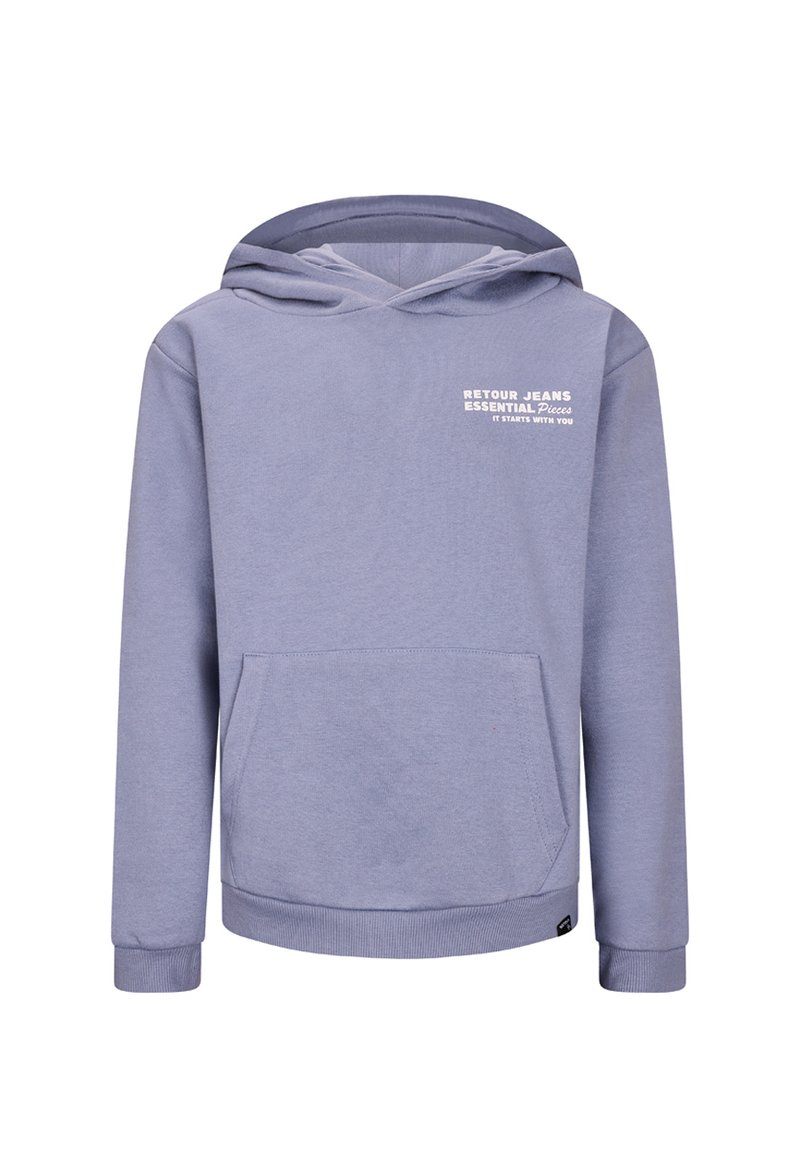 Hoodie viola chiaro realizzato in tessuto morbido, con tasca anteriore e design a canguro. Testo stampato in bianco nella parte superiore sinistra del petto.