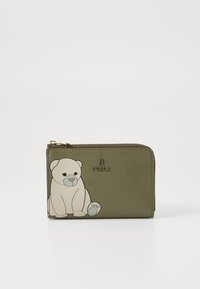 Green leather wallet featuring a cartoon polar bear design. Gold hardware and zipper closure. Smooth texture with embossed logo.