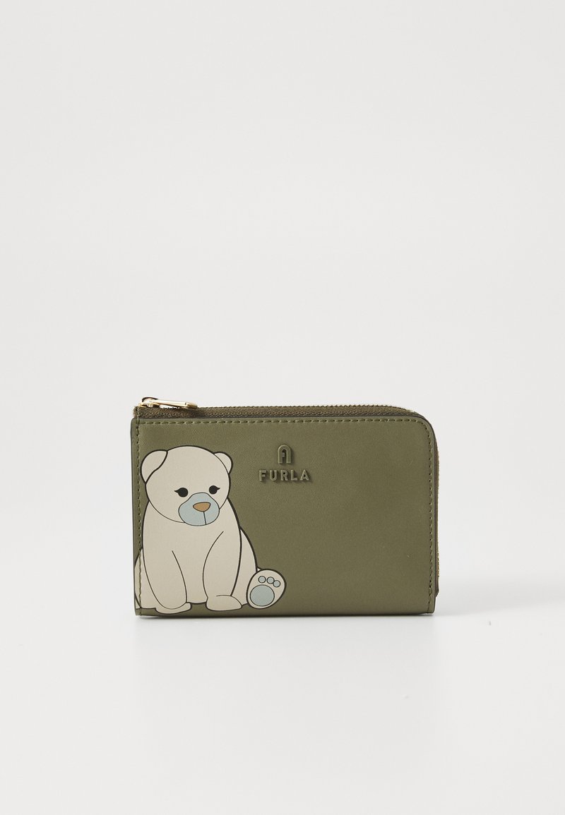 Green leather wallet featuring a cartoon polar bear design. Gold hardware and zipper closure. Smooth texture with embossed logo.