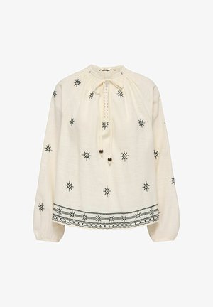Cremefarbene Langarmbluse mit schwarzer geometrischer Stickerei, Kordelzug am Ausschnitt mit Perlen und gemustertem Saum.