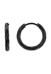 Sorte vridde hoop-øreringer, sirkelformet med en teksturert finish, og en sikker lås for enkel påføring.