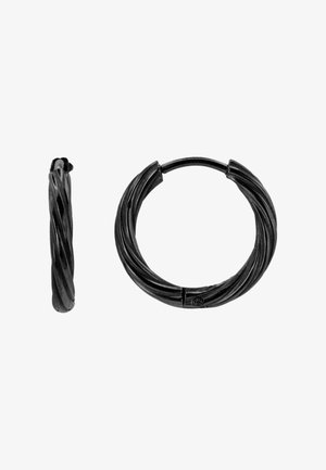 Black twisted hoop earrings, circular shape with a textured finish, featuring a secure clasp for easy wear.