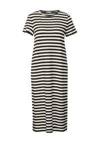 Black and white striped T-shirt dress, featuring short sleeves, a round neckline, and a straight cut. Made from a soft, breathable fabric.