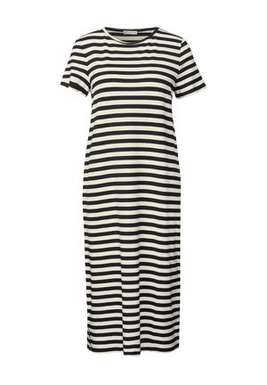 Sukienka t-shirtoowa w czarno-białe paski, z krótkimi rękawami, okrągłym dekoltem i prostym krojem. Wykonana z miękkiego, oddychającego materiału.